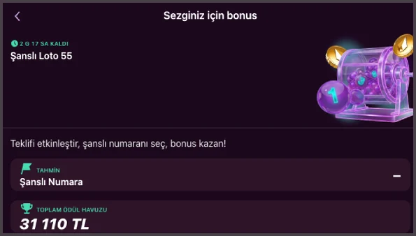 Şanslı Loto 55 teklif sayfasında 2 G 17 SA KALDI geri sayımı, Şanslı Numara tahmin alanı ve 31 110 TL toplam ödül havuzu bulunuyor.