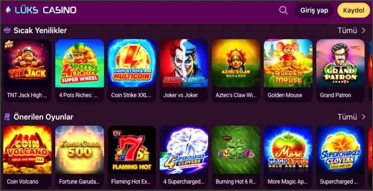 Slot lobisinde Sıcak Yenilikler ve Önerilen Oyunlar başlıkları altında oyun küçük resimleri iki sıra halinde diziliyor.