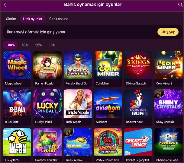 Hızlı oyunlar sekmesi açık; Magic Wheel, Penalty Shoot Out, Aviabom ve Coin Miner kapakları, ilerleme için giriş yapılması gerektiğini söyleyen uyarının altında diziliyor.