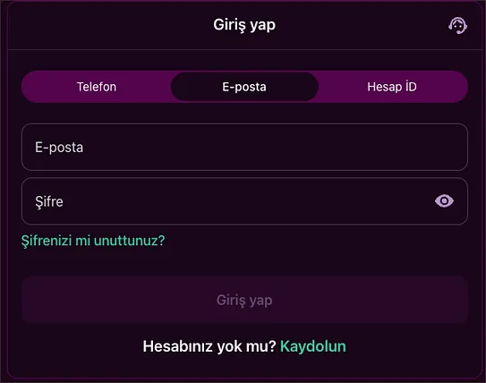 Yakın çekim giriş formunda E-posta sekmesi seçili, Şifre alanı dolduruluyor; soluk Giriş yap düğmesi ve Hesabınız yok mu? Kaydolun satırı altta.
