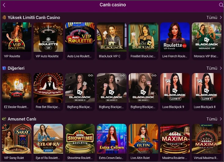 Canlı casino sayfasında Yüksek Limitli bölümde VIP Roulette, Auto Live Roulette ve Monaco VIP Blackjack; altında Free Bet, BigBang Blackjack ve Maxima Roulette görünüyor.