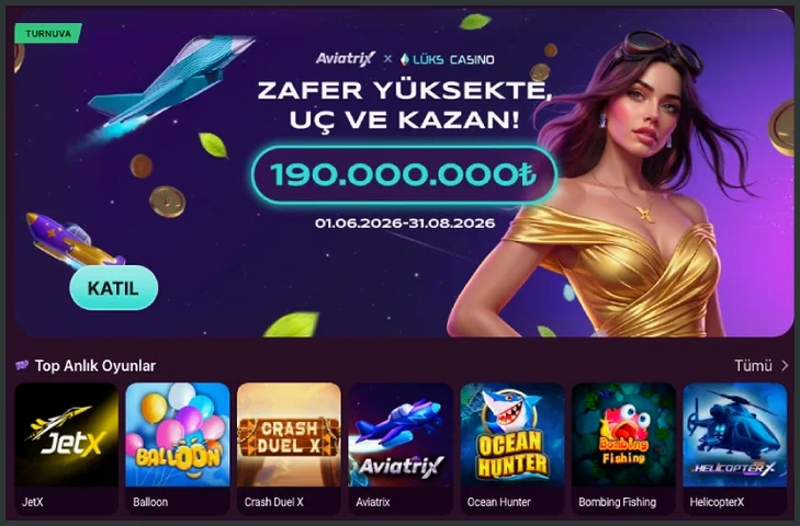 Aviatrix turnuva afişinde ZAFER YÜKSEKTE, UÇ VE KAZAN! sloganı, 190.000.000₺ ödülü, 01.06.2026-31.08.2026 tarihleri ve KATIL düğmesi yer alıyor.