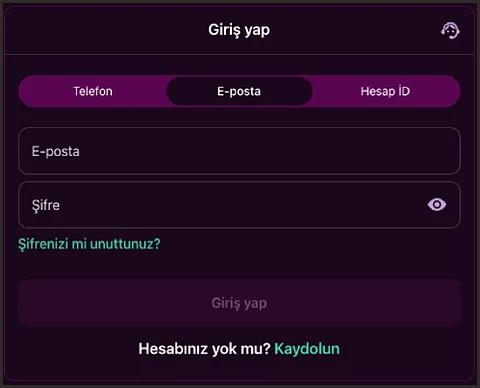 Küçük giriş penceresinde Telefon, E-posta ve Hesap İD sekmeleri, iki alan ve Şifrenizi mi unuttunuz? bağlantısı bir arada duruyor.