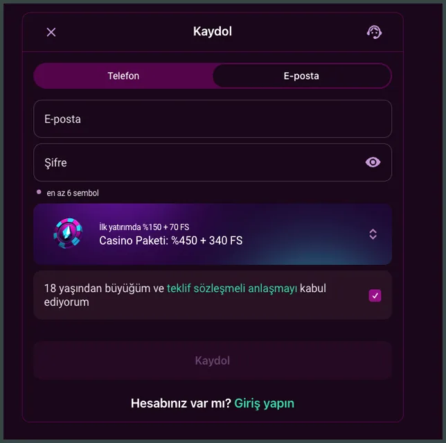 E-posta sekmesindeki kayıt formunda Casino paketi 450% + 340 FS seçili ve 18 yaş onay kutusu işaretlenebiliyor.