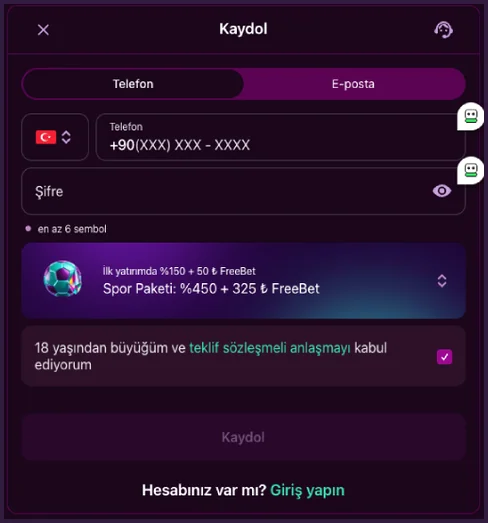 Telefon sekmesindeki Kaydol penceresinde Spor Paketi: %450 + 325 ₺ FreeBet seçili, İlk yatırımda %150 + 50 ₺ FreeBet satırı ve işaretli şartlar kutusu görünüyor.
