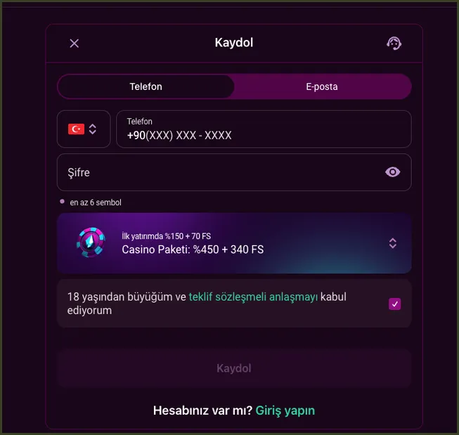 Telefonla kayıt formu Kayıt formunun Telefon sekmesinde +90 telefon alanı, şifre girişi ve Casino paketi seçimi alt alta sıralanıyor.