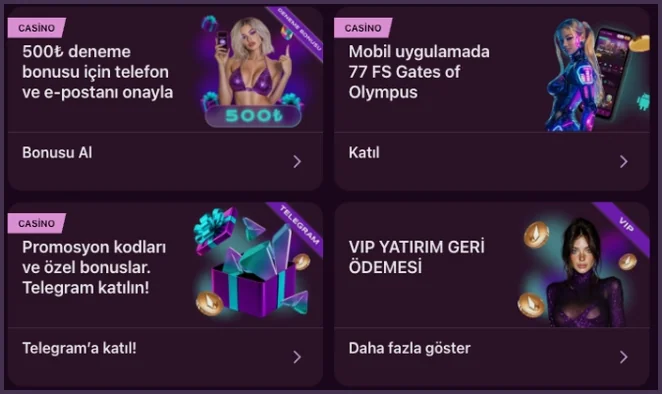 Yakın kadrajda Telegram kartı Promosyon kodları ve özel bonuslar. Telegram katılın! yazıyor, alt sırada VIP YATIRIM GERİ ÖDEMESİ kartı duruyor.