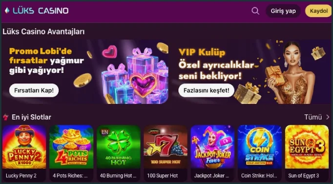 Avantajlar ve slot sırası Avantajlar bölümünde Promo Lobi ve VIP Kulüp bannerları, onların altında en iyi slotların bulunduğu oyun sırası görünüyor.