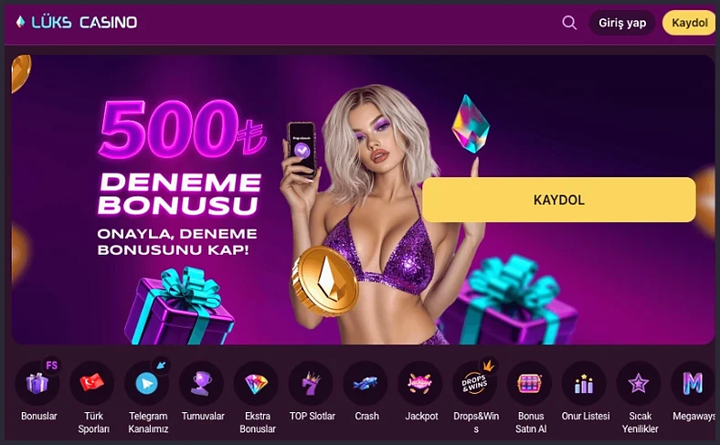 Deneme bonusu afişi Sarı Kaydol düğmesiyle 500₺ DENEME BONUSU afişi; altında ONAYLA, DENEME BONUSUNU KAP! yazısı ve kategori kısayolları sıralanıyor.