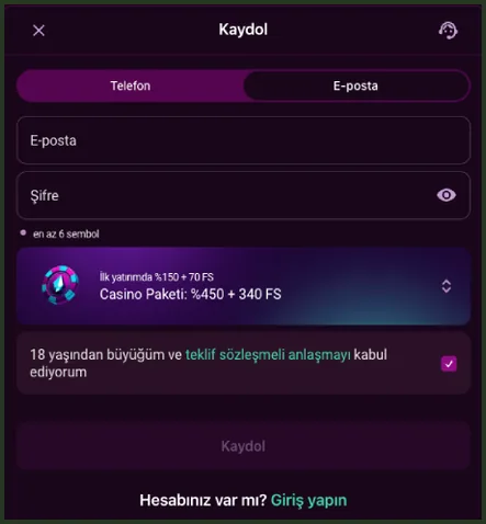 E-postayla kayıt E-posta ve Şifre alanlarının altında İlk yatırımda %150 + 70 FS satırı, en altta Hesabınız var mı? Giriş yapın bağlantısı bulunuyor.