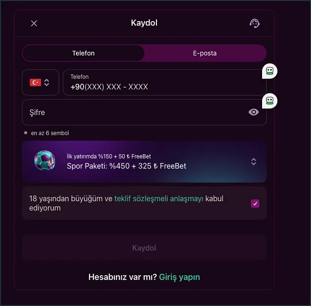 Kayıt formu geniş görünüm Koyu kenar boşluğu içindeki geniş kadrajda Telefon alanı, Şifre ve futbol simgeli Spor Paketi seçicisi sıralanıyor.