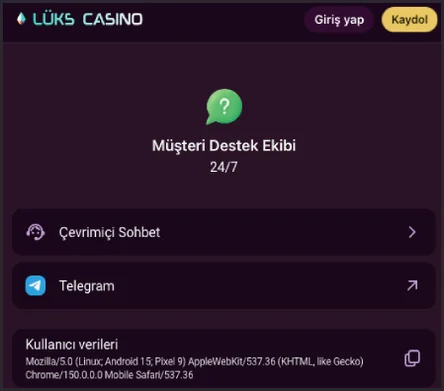 Müşteri Destek Ekibi 24/7 sayfasında Çevrimiçi Sohbet ve Telegram satırları ile Kullanıcı verileri kutusu, üstte Giriş yap ve Kaydol düğmeleri bulunuyor.