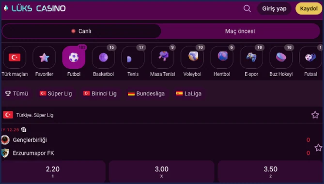 Lüx Casino spor bölümünde Canlı sekmesi ve Futbol seçili; Gençlerbirliği - Erzurumspor FK maçı 2.20, 3.00 ve 3.50 oranlarıyla listeleniyor.