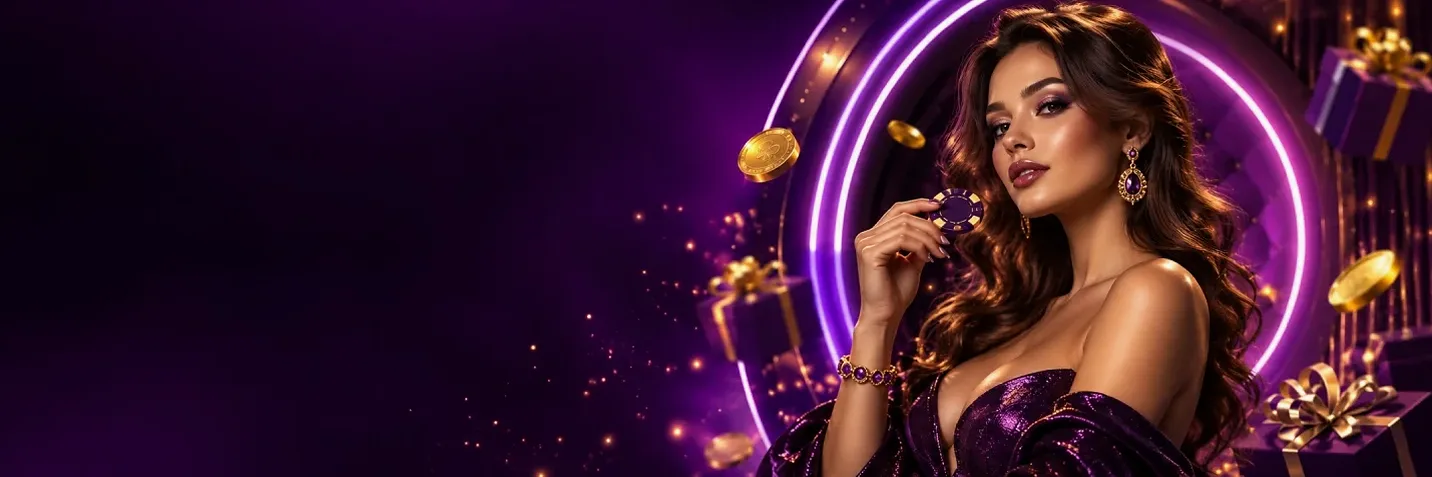Lüx Casino ana sayfa afişi: koyu mor zeminde ışıldayan halka, fiş tutan kadın ve hediye kutuları